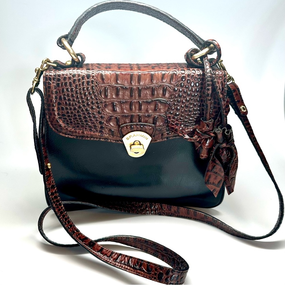 Brahmin Leather Crossbody Satchel Like New Black and Brown Croc